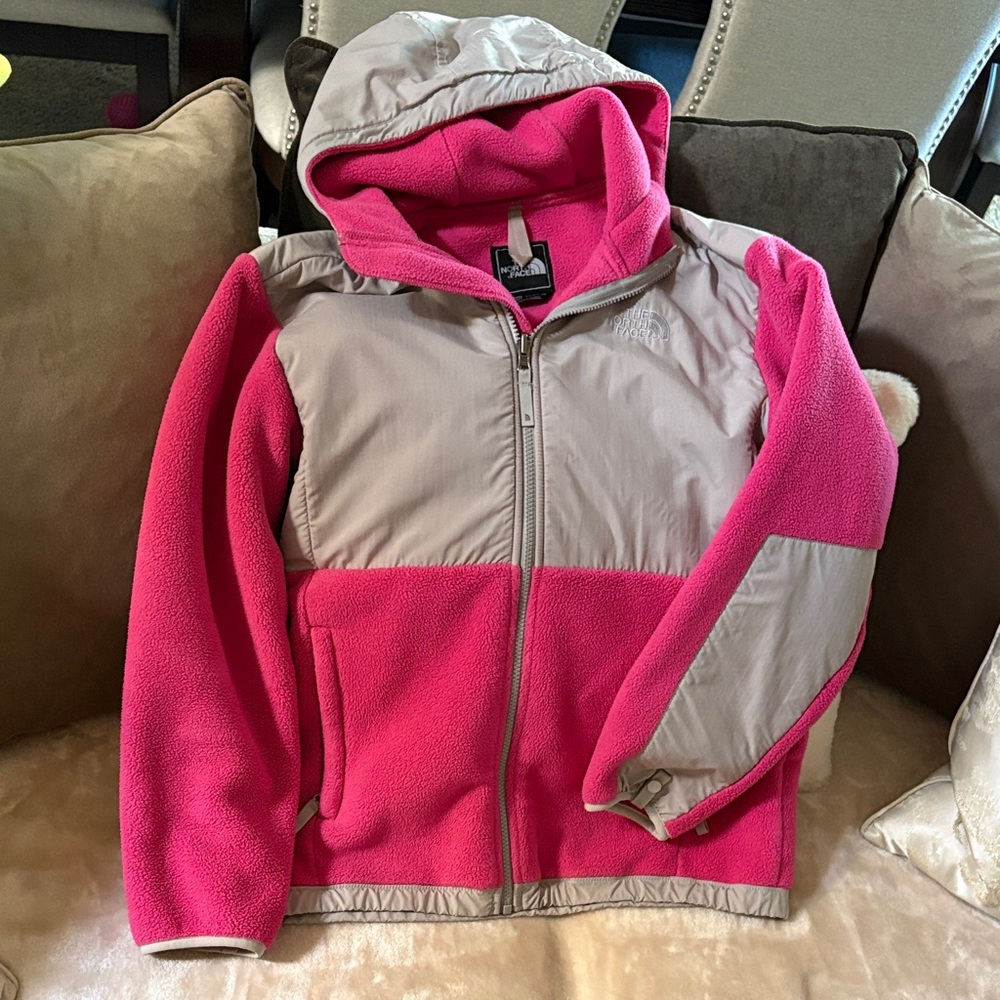 The North Face Pink and Light Gray Hooded Fleece Jacket - Kids
